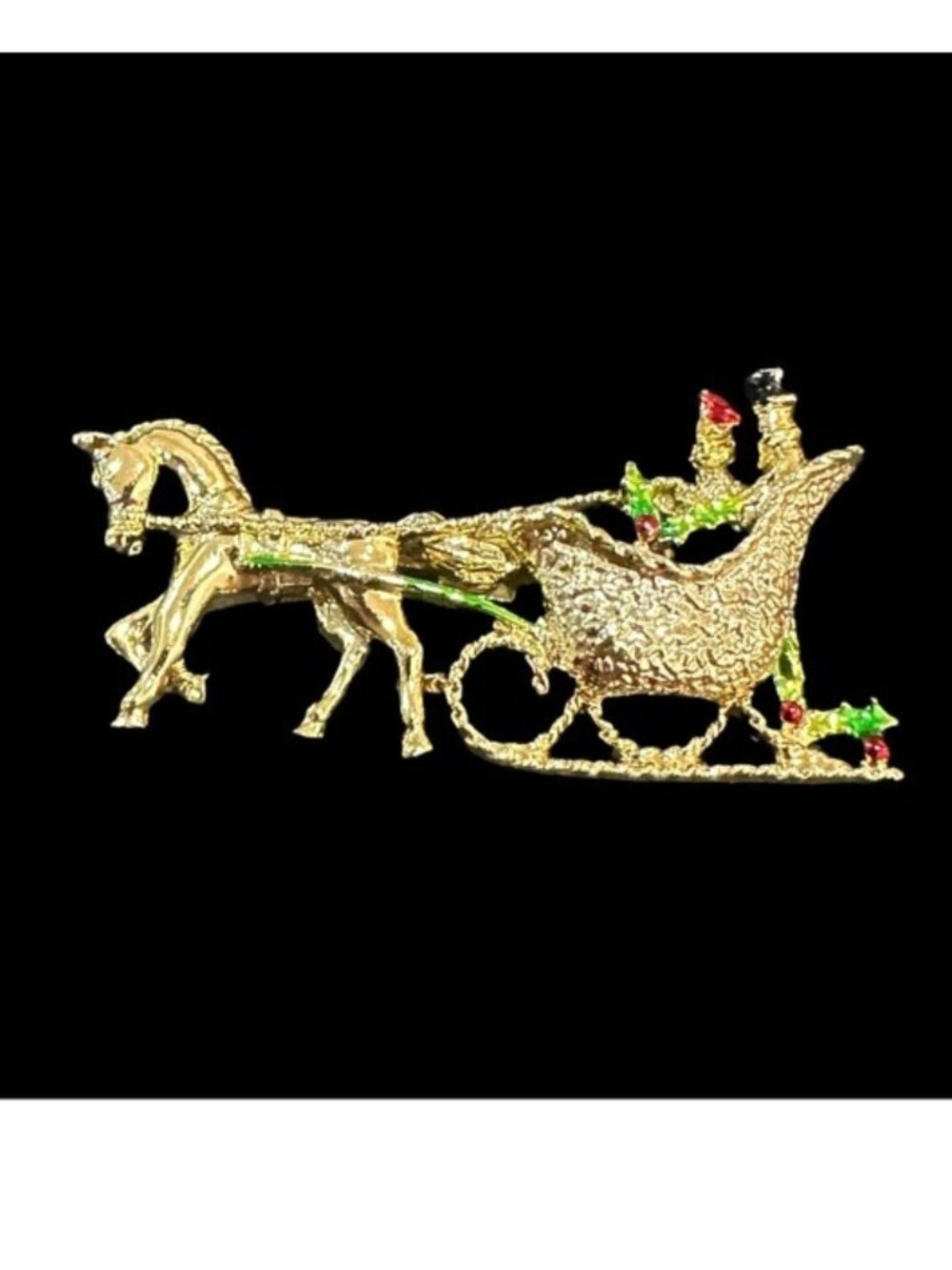 Horse & Sleigh Ride Christmas Brooch By Gerrys Gold Tone With Green & Red Accent